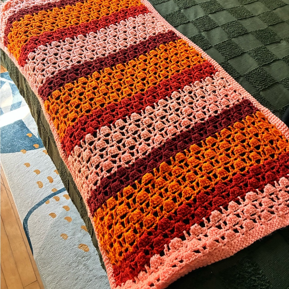 Handmade Crochet Throw Blanket in Pink, Orange & Burgundy